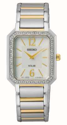 Seiko ウィメンズ |白い長方形の文字盤 |ツートン ステンレス スティール ブレスレット SUP466P1