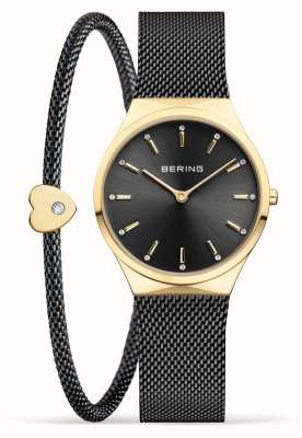 Bering 女性用のクラシックなブラックとポリッシュゴールドの時計とブレスレットのセット 12131-132-GWP