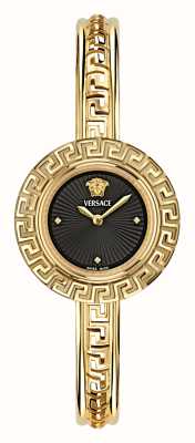 Versace アイコニックなラ グレカ (28mm) ブラック ダイヤル / ゴールドトーンのステンレススチール バングル ブレスレット VE8C00524