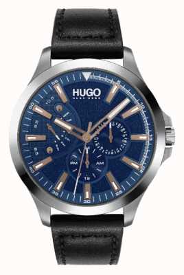 HUGO メンズ#leap |青い文字盤|ローズゴールドのアクセント|ブラックレザーストラップウォッチ 1530172