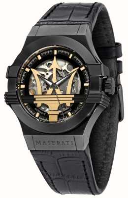 Maserati ポテンザ |黒革のブレスレット |ブラック/ゴールドダイヤル R8821108036
