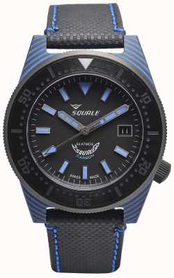 Squale カーボンスタイル|ブラック/ブルーダイヤル|黒のマイクロファイバーストラップ-青のステッチ T183BL-CINT183BL