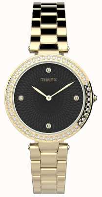 Timex 女性|クリスタルで飾る|ブラックダイヤル|金のステンレス鋼 TW2V24400