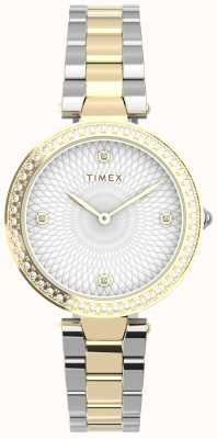 Timex クリスタルのツートンカラーのゴールドとシルバーのトーンの時計で飾る TW2V24500