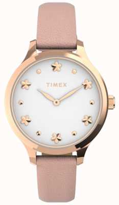 Timex 女性のペイトン|白い文字盤|ピンクのレザーストラップ TW2V23700
